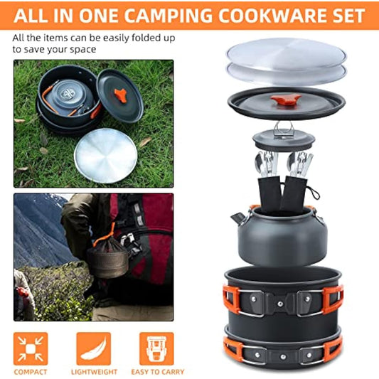 Lixada Camping Cookware Kit, 16pcs Camping Pot Camping Pan Camping Kettle with Stainless Steel Plates Forks Knives Spoons for Outdoor Cooking and Picnic for 1-2 People