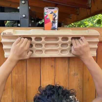 TWO STONES Hangboard Rock Climbing Hangboard with Phone Holder, Band Holder, Jugs, Pinches, Pockets, Edges and Slopes; Wood Hang Board for Climbing
