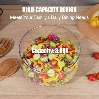 NiHome Large 3600ML Glass Salad Bowl with Acacia Wood Salad Tongs, Enhanced Stability Design, Versatile Serving Bowl for Salads, Fruits, Ideal for Gatherings & Daily Family Dining