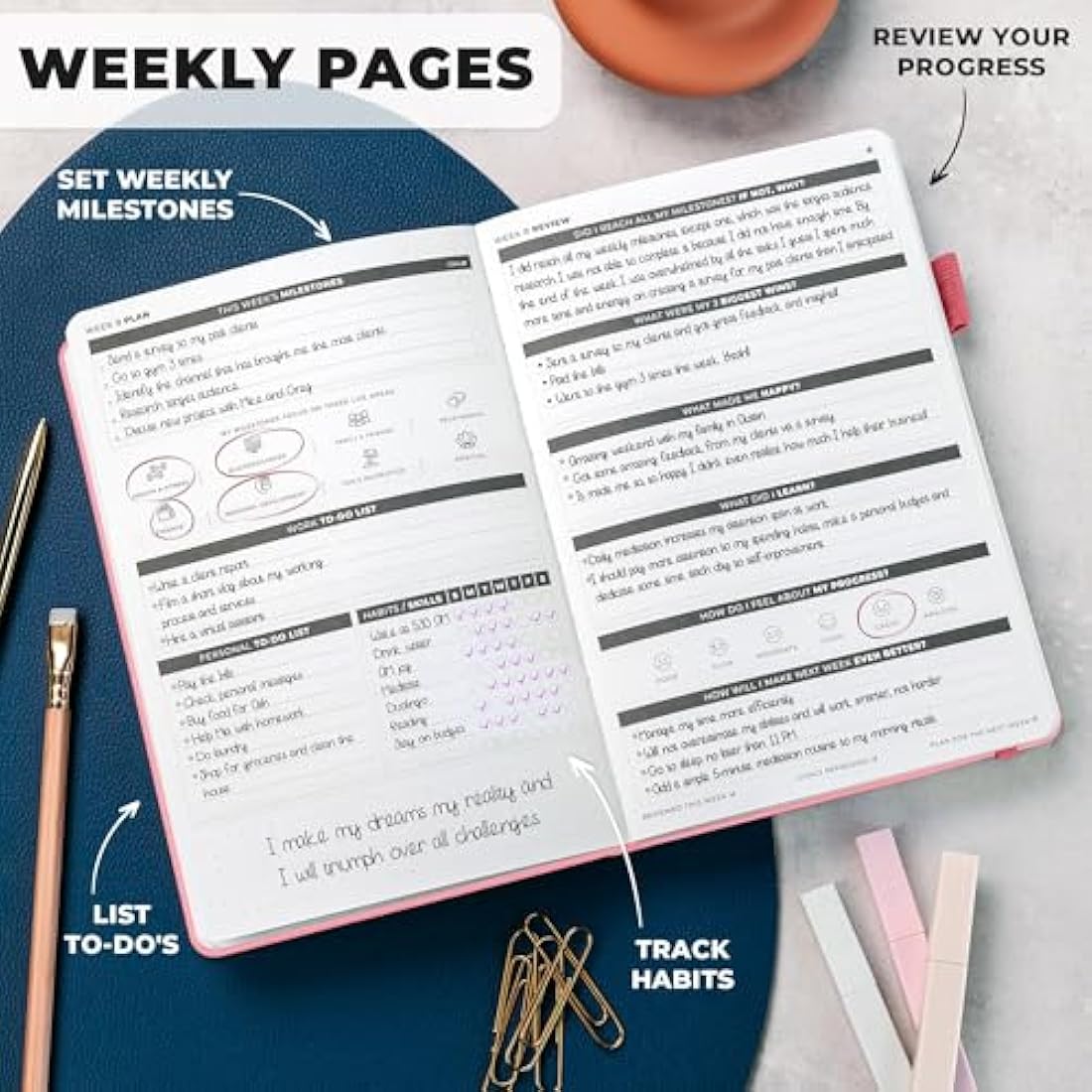 Clever Fox Ultimate Achiever’s Goal Planner - Focus & Productivity 90 Day Journal. Daily Weekly Monthly Planner Organizer & Hourly Schedule Notebook - Undated, Hardcover, A5 Size, Light Pink