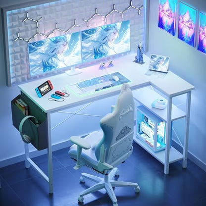 BEXEVUE L Shaped Corner Desk - 100x70 cm Study Office Gaming Desk, Computer Desk Small Writing Table, Large Reversible Storage Shelves, Bookshelf