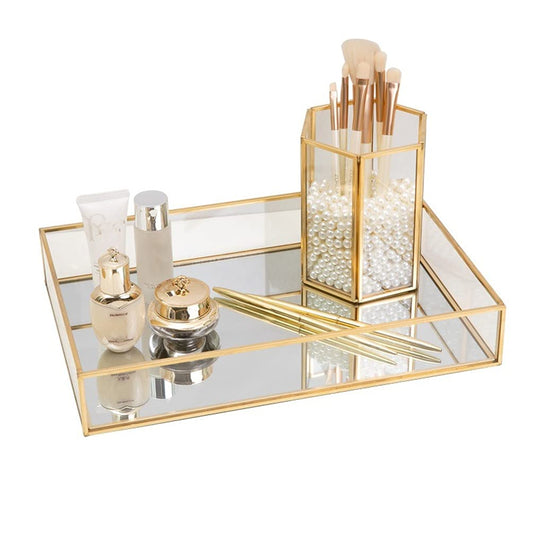 Gold Mirror Tray Perfume Display & Jewelry Organizer - Makeup, Serving, Bathroom Trays - Beautiful Art Decor, Neaten Storage for Vanity, Closet,