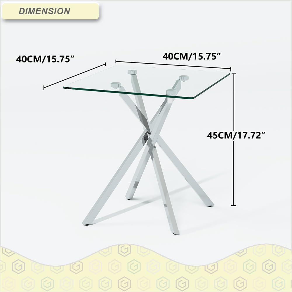GOLDFAN Small Glass End Table with Chrome Legs for Living Room Square Side Table Modern Contemporary Nightstand for Bedroom (Glass&Chrome Legs)