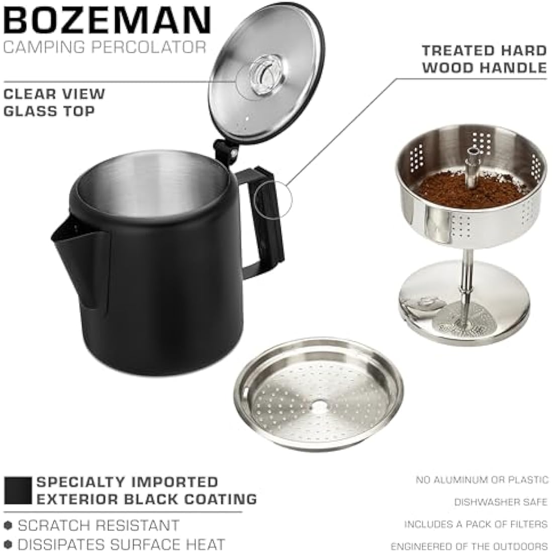 COLETTI Black Bozeman Percolator Coffee Pot — Stovetop Coffee Makers, Camping's Sleekest Stainless Steel Percolator – NO Aluminium or Plastic (6 Cup)