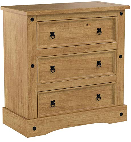 Corona Chest of Drawers 3 Drawer Mexican Solid Pine Wood Natural Wax Finish Black Metal Hardware