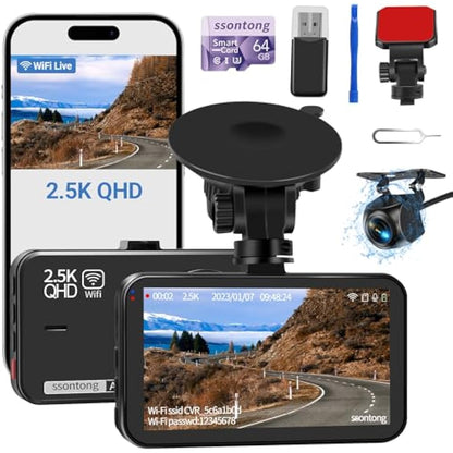 Dash Cam Front and Rear, Dashcam WiFi/APP Control Car Camera Dash Cam W/ 64GB Card, 2.5K Dash Cam Front + 1080P Rear Dash Camera W/Super Night Vision, Loop Recording, G-Sensor, Max Support 256GB