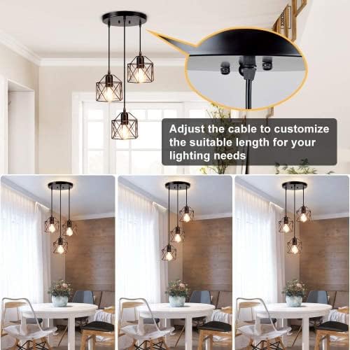 Vintage 3-Lights Ceiling Lamp Adjustable Hanging Pendant Lights Industrial Flush Mount Ceiling Lighting Fixture E27 Base Black Geometric Ceiling Hanging Lamp for Kitchen Dinning Room Hallway