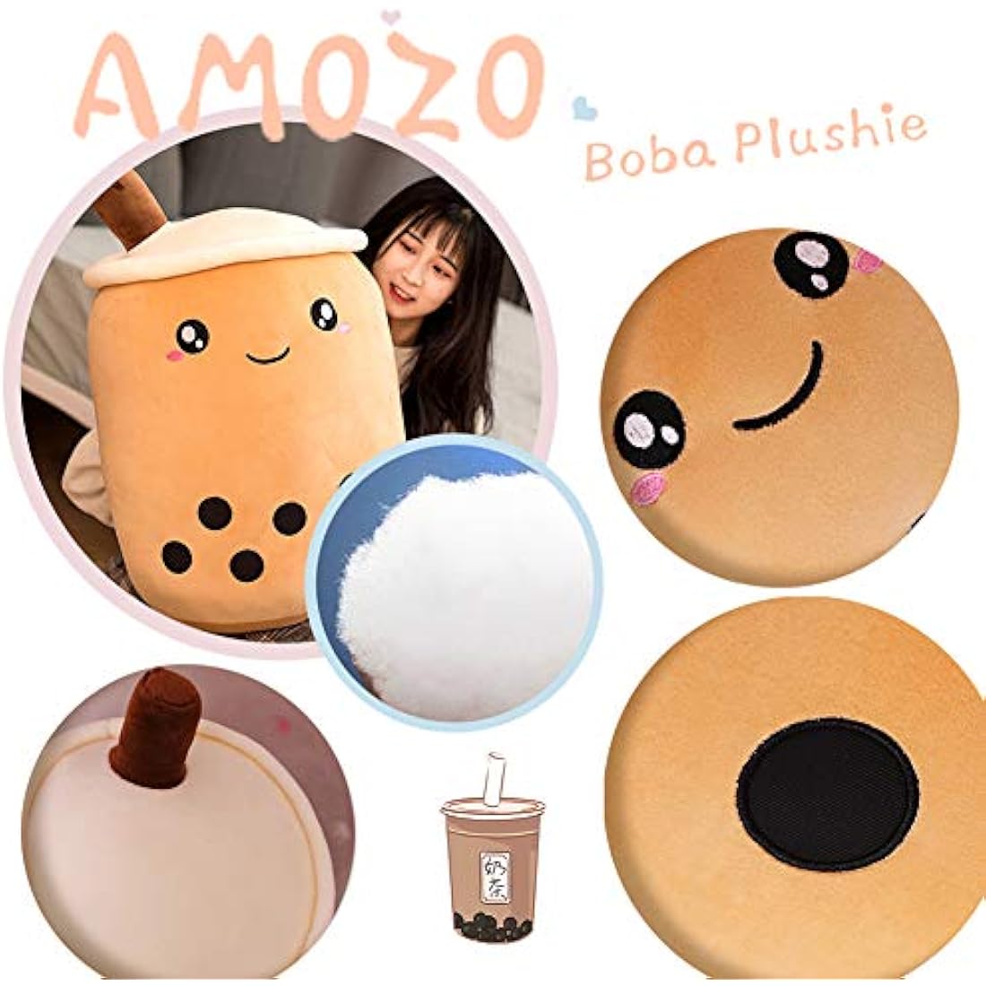 AMOZO Cute Cartoon Boba Milk Tea Soft Plush Doll, Giant Boba Bubble Plushie Stuffed Tea Cup Pillow Gift Toys(Beige,24cm)