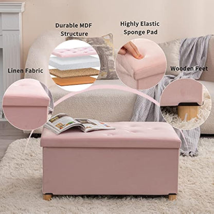 BRIAN & DANY Ottoman Storage Box with 4 Wood Legs, Velvet Storage Ottoman for Living Room, Pink, 76 x 38 x 38 cm