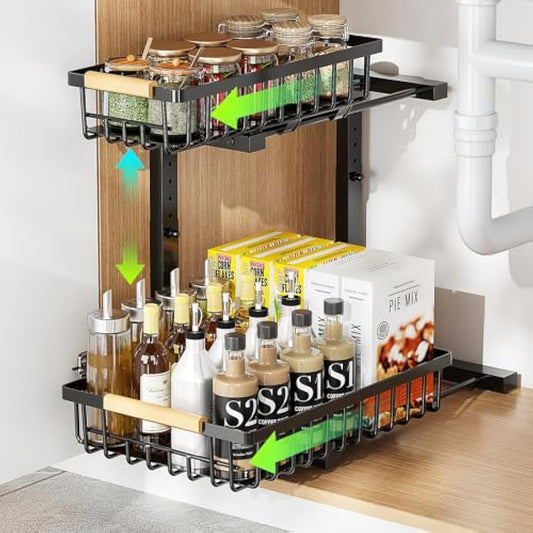 ROLIZOE 2 Tier Sliding Under Sink Storage Kitchen Organiser 42.5cm Height Adjustable Under Sink Shelf with 2 Slide Out Baskets Metal Cupboard Organiser Under Sink Cabinet Basket Organiser for Bathroom