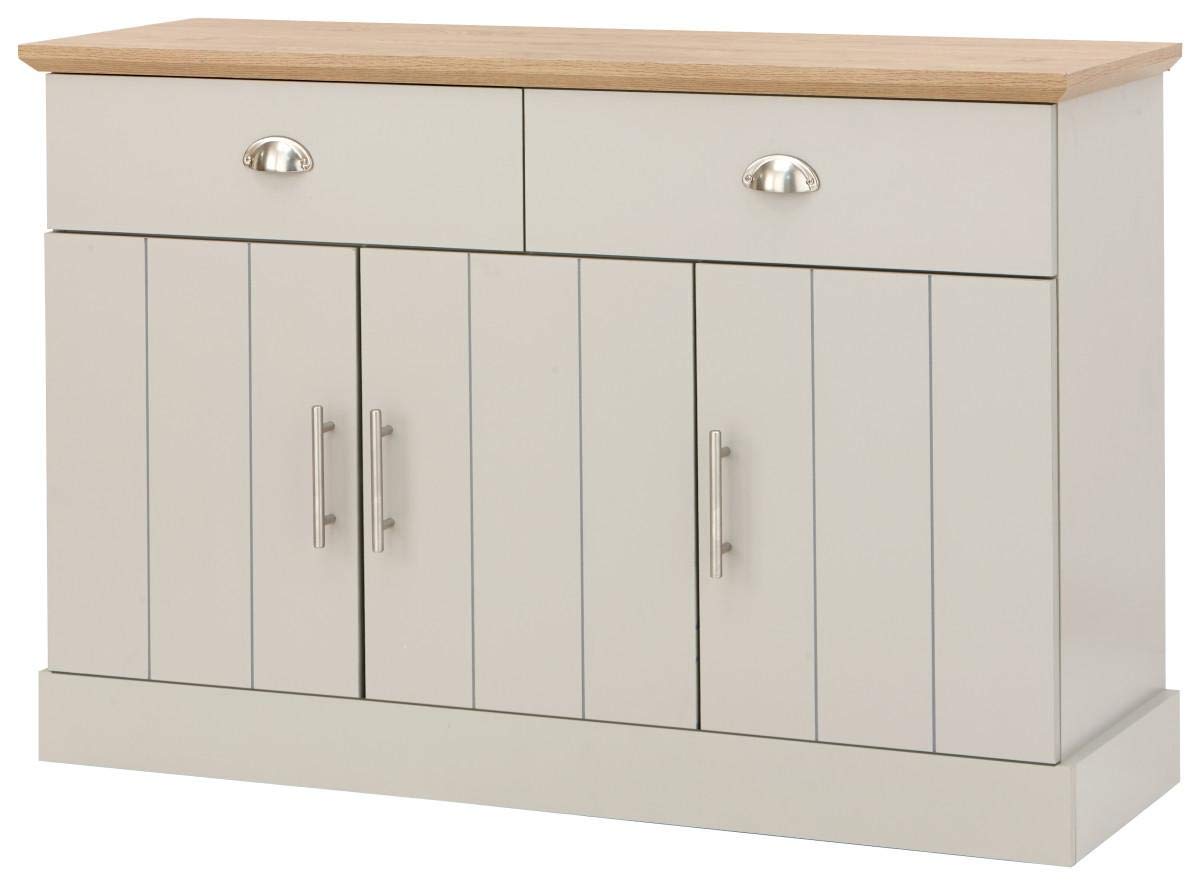 GFW Kendal Grey and Oak Large Sideboard, 3 Door 2 Drawer Storage Cabinet, Country Style Living Room and Dining Room Furniture