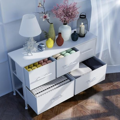 MYGIIVOVO Chest of Drawers, Dresser for Bedroom with 5 Fabric Drawers, TV Stand with 4 Castors, Storage Organizer Unit for Living Room Kids Room (White)
