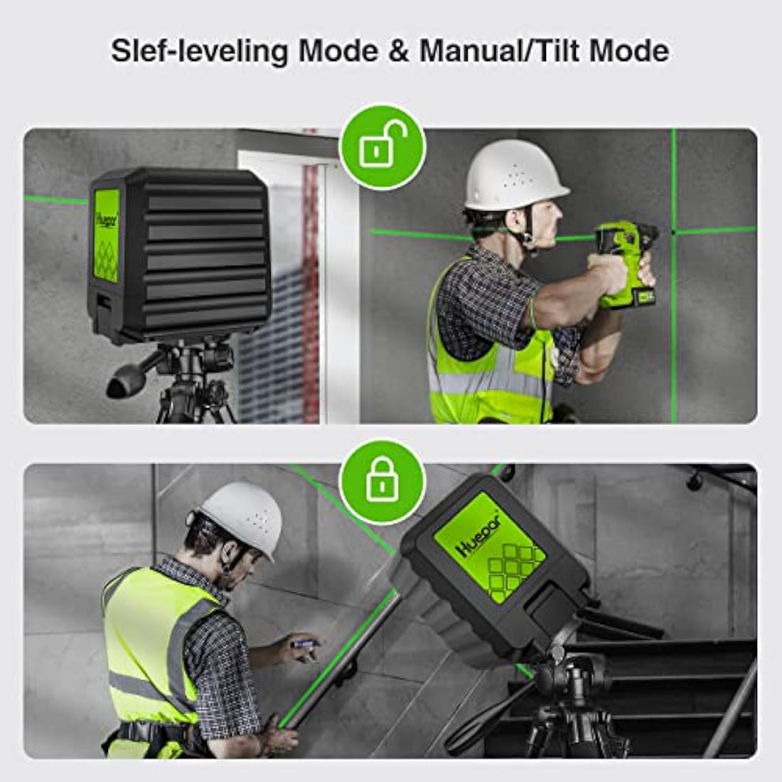 Huepar Self-Leveling Green Beam Cross Line Laser Level - Vertical and Horizontal, 100ft Alignment Tool for Picture Hanging and DIY, Battery Included-B011G