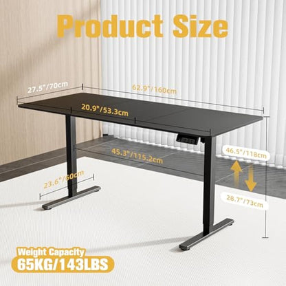 ERGOMAKER Electric Standing Desk 160x70cm, Height Adjustable Stand Up Desk with Hooks and Memory Smart Handset for Home Office, Black