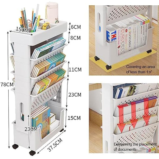 NUODWELL Mobile Bookshelf with Wheel, Large Capacity Magazine Rack Book Cart Removable Storage Organizer Kids Bookshelf, Multi Purpose Rolling Cart for Home School（White）