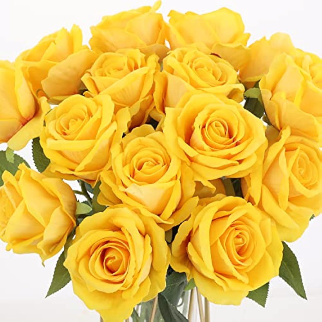 Cloudecor 15Pcs Artificial Roses Velet Real Touch Single Stem Fake Roses Silk Realistic Bouquet Flowers Arrangements Home Office Party Wedding Decoration (Round Roses - Yellow 15p)