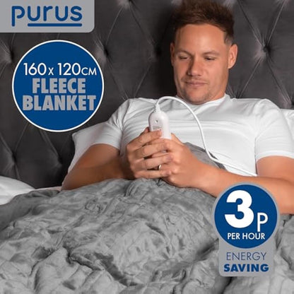 Purus Grey Heated Throw Electric Blanket, 160 x 120cm Heated Blanket Machine Washable Soft Micro Fleece Electric Throw Overblanket with 12HR Timer and 9x Control Heat Settings