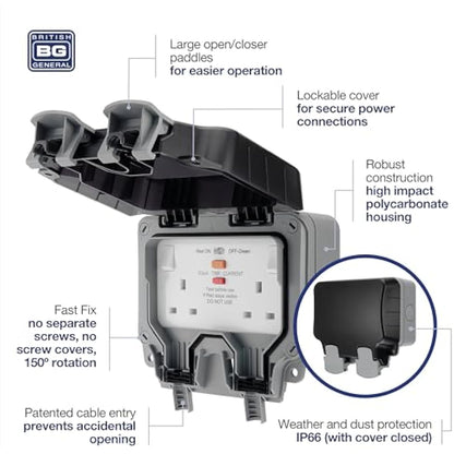 BG Electrical WP22RCD-01 Double Weatherproof Outdoor Switched Power Socket with Latching RCD, IP66 Rated, 13 Amp