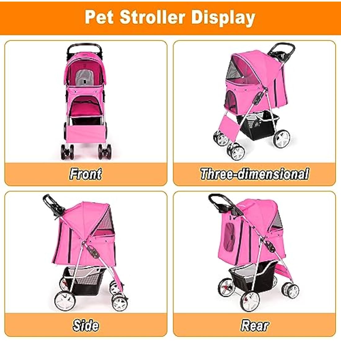 display4top Pet Travel Stroller Dog Cat Pushchair Pram Jogger Buggy With 4 Wheels (Pink)