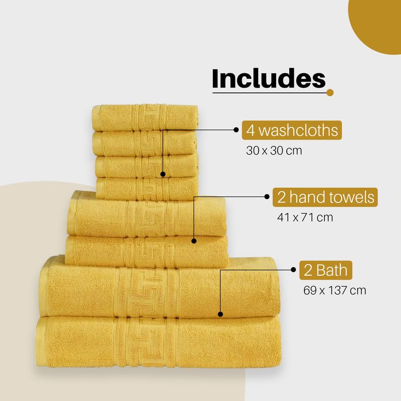 DTEX HOMES 8 Piece Towel Set 100% Cotton 600 GSM, 2 Bath Towels, 2 Hand Towels, 4 Washcloths - Mustard