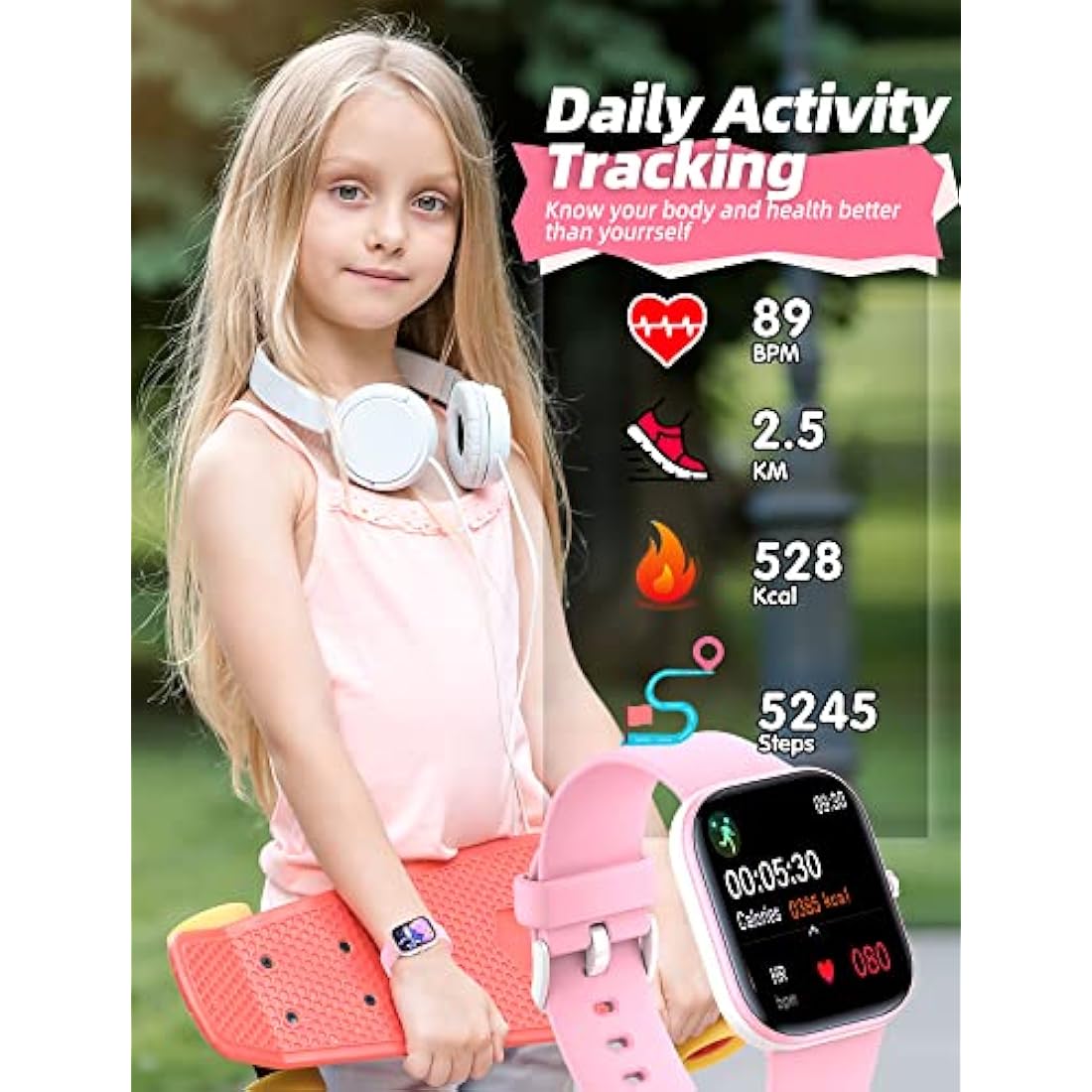 Slothcloud Kids Smart Watch for Boys Girls,IP68 Waterproof Fitness Activity Tracker Watch,Heart Rate Sleep Monitor,8 Sport Modes,Pedometers,Calories Counter,Alarm Clock,Kids Gifts Teens 5+ (Pink)