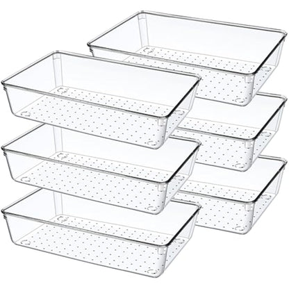 Giklux 6 Pcs Clear Kitchen Drawer Organiser Trays, Acrylic Desk Drawer Dividers Organisers for Cutlery, Kitchen, Cosmetics, Makeup, Utensils, Vanity, Office, Stationery, Plastic Draw Storage Organiser