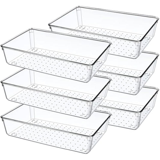 Giklux 6 Pcs Clear Kitchen Drawer Organiser Trays, Acrylic Desk Drawer Dividers Organisers for Cutlery, Kitchen, Cosmetics, Makeup, Utensils, Vanity, Office, Stationery, Plastic Draw Storage Organiser