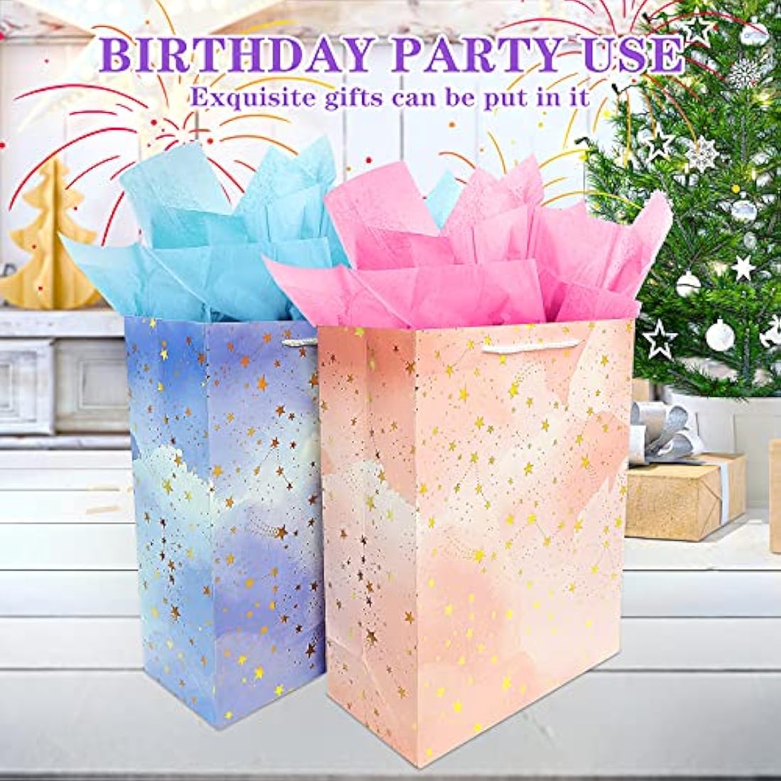 Gift Bag Large-2 Gift Bags with FREE 4 Tissue Paper-Birthday Gift Bag Set with Handle-Paper Gift Bags for Present-Pink and Blue Gift Bags for Women Men Kids Boy Girl Present Bag for Birthday Party Bag