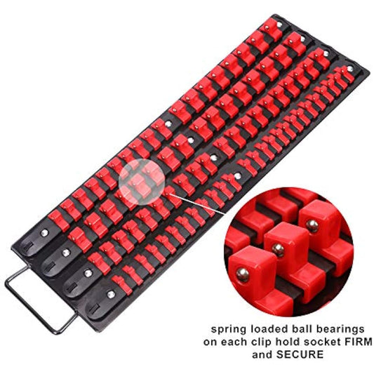 CASOMAN 80-Piece Portable Socket Organizer Tray, 1/4-Inch, 3/8-Inch, 1/2-Inch Tool Trays, Heavy Duty Socket Organizers Rack, Black Rails with Red Socket Holders