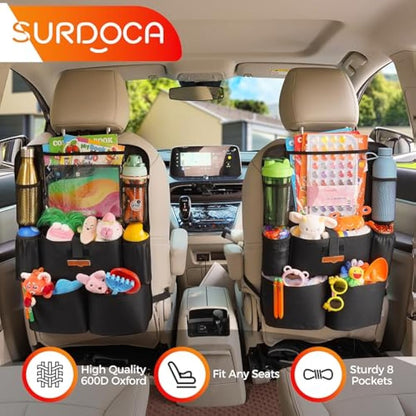 SURDOCA UPGRADED Car Seat Organiser for up to 11-inch Tablet Holder, 8 Pockets, Kids Toy Storage, Water Proof Back Seat Protector for Kids