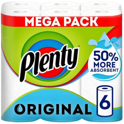 Plenty Kitchen Towel, 6 White Rolls, 600 Sheets of Kitchen Roll, 2-Ply Tissue
