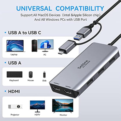 USB 3.0 Docking Station, HDMI Splitter Extended Display Dual HDMI Adapter USBC Laptop Universal USB Docking Station with 2 Hdmi Dual Monitor Dock for M1 M2 MacBook Pro/Air, Microsoft, Dell, HP