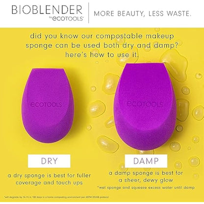 EcoTools Bioblender Makeup Sponge, Compostable Makeup Blending Sponge, Eco-Friendly, For Liquid & Cream Foundation, Base Makeup Coverage, Cruelty Free, Latex Free & Vegan, Purple, 1 Count