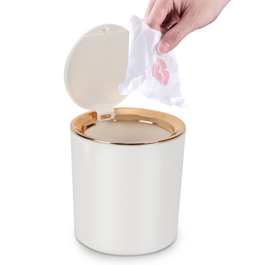 JEEZAO Mini Desktop Bin, Desk Trash Can with Lid, 2.6L Small Plastic Waste Table Bin for Bathroom, Office, Dressing Table, Kitchen White