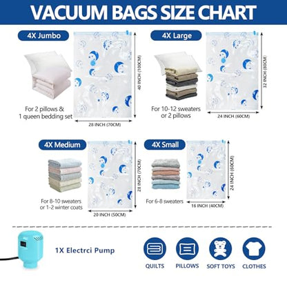 SZO Vacuum Storage Bags for Clothes with Electric Pump, 16-Pack(4 Jumbo, 4 Large, 4 Medium, 4 Small), Vacuum Bags for Duvets, Mattresses, Blankets,