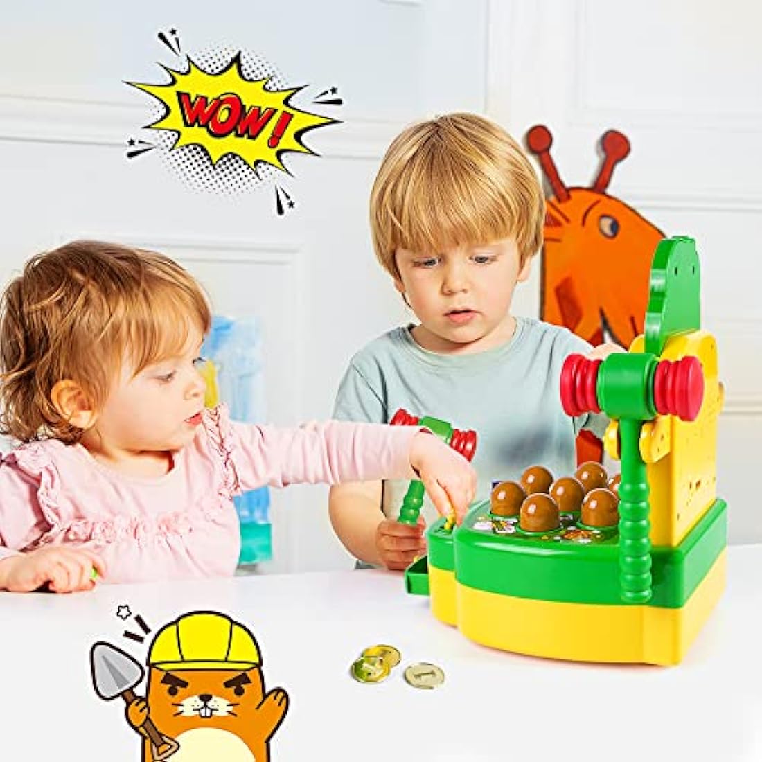 VATOS Whack Game Toy with Mole,Mini Electronic Arcade Pounding Bench Coin game with 2 Hammers Toy,Interactive Educational Developmental Game for Toddlers Kids Girls and Boys Age 3 4 5 6 Years Old