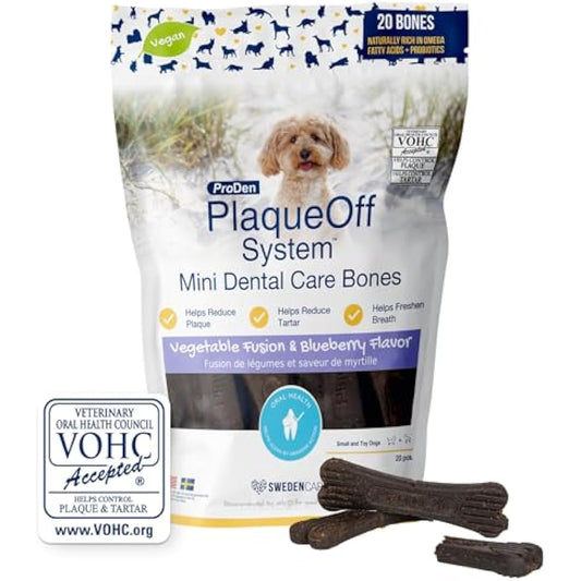 ProDen PlaqueOff 20 Mini Dental Bones for Small Dogs Tartar, Plaque & Bad Breath Remover, Improves Overall Oral Health, Vegetable Fusion and Blueberry