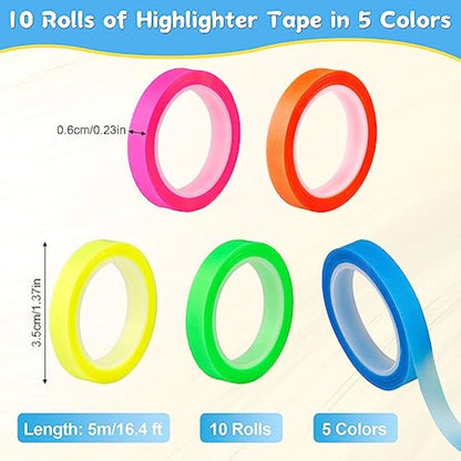 Hoiny Highlighter Tape, 10 Rolls Transparent Highlighter Strips, Removable Transparent Sticky Notes, Colorful Index Tabs, Book Annotation Kit for Revision Supplies Study Essentials