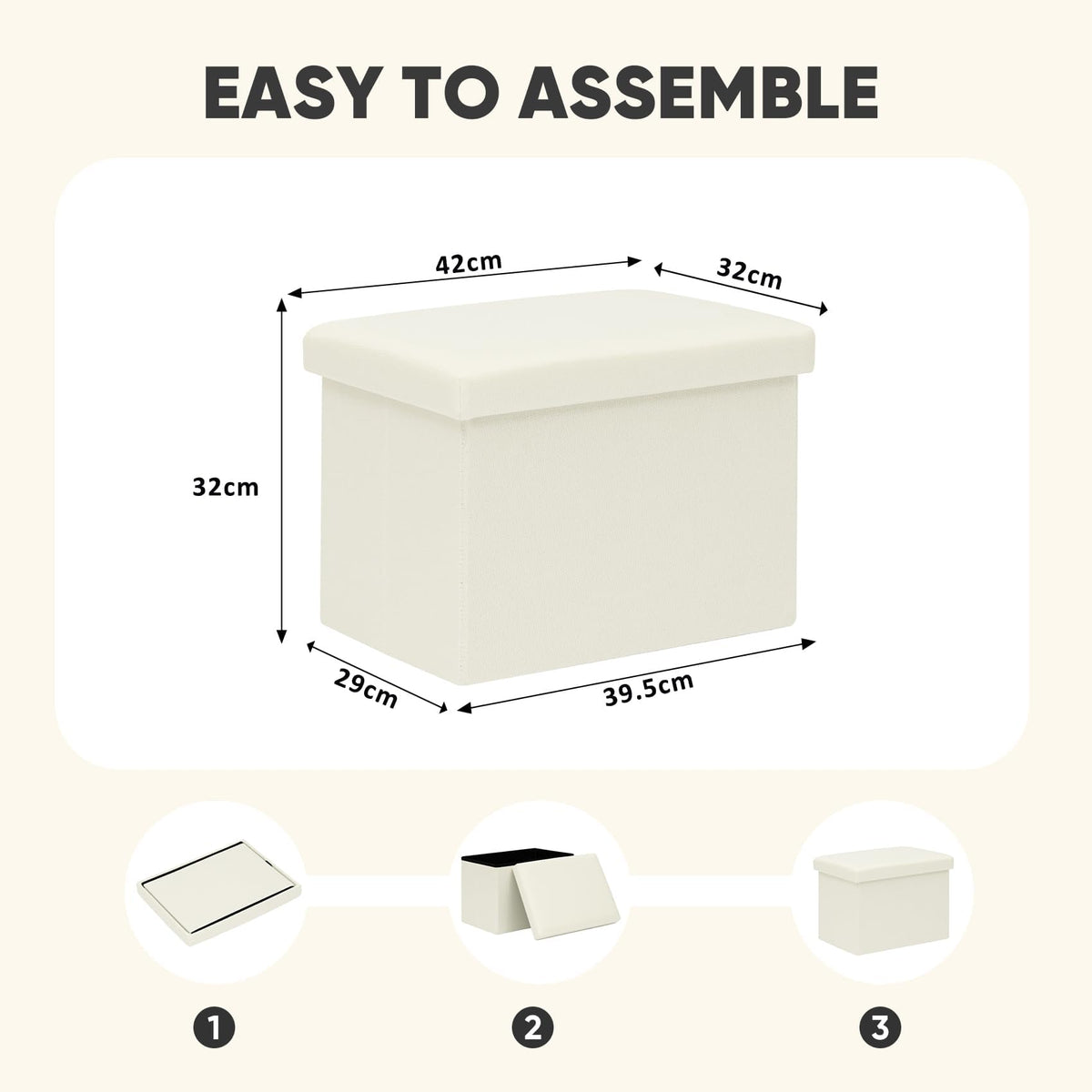 PINPLUS Folding Storage Box Ottoman, Linen Small Footstool, Cream White