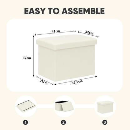 PINPLUS Folding Storage Box Ottoman, Linen Small Footstool, Cream White