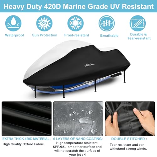 3 Seater Waterproof Jet Ski Cover,Upgraded Heavy Duty 420D PWC Cover with 2 Air Vent Marine Grade UV Resistant for Seadoo,Kawasaki,Waverunner Polaris