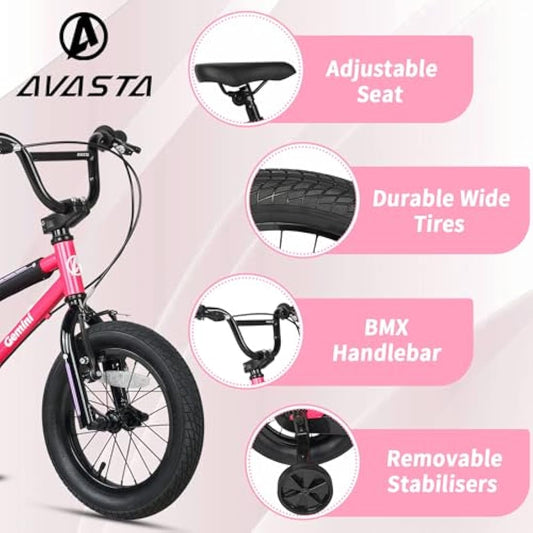 AVASTA  14  Inch Kids Bike BMX Style Bicycle with Stabilisers & Kickstand & Bell for 2-8 Years Old Boys Girls, Multiple Colors
