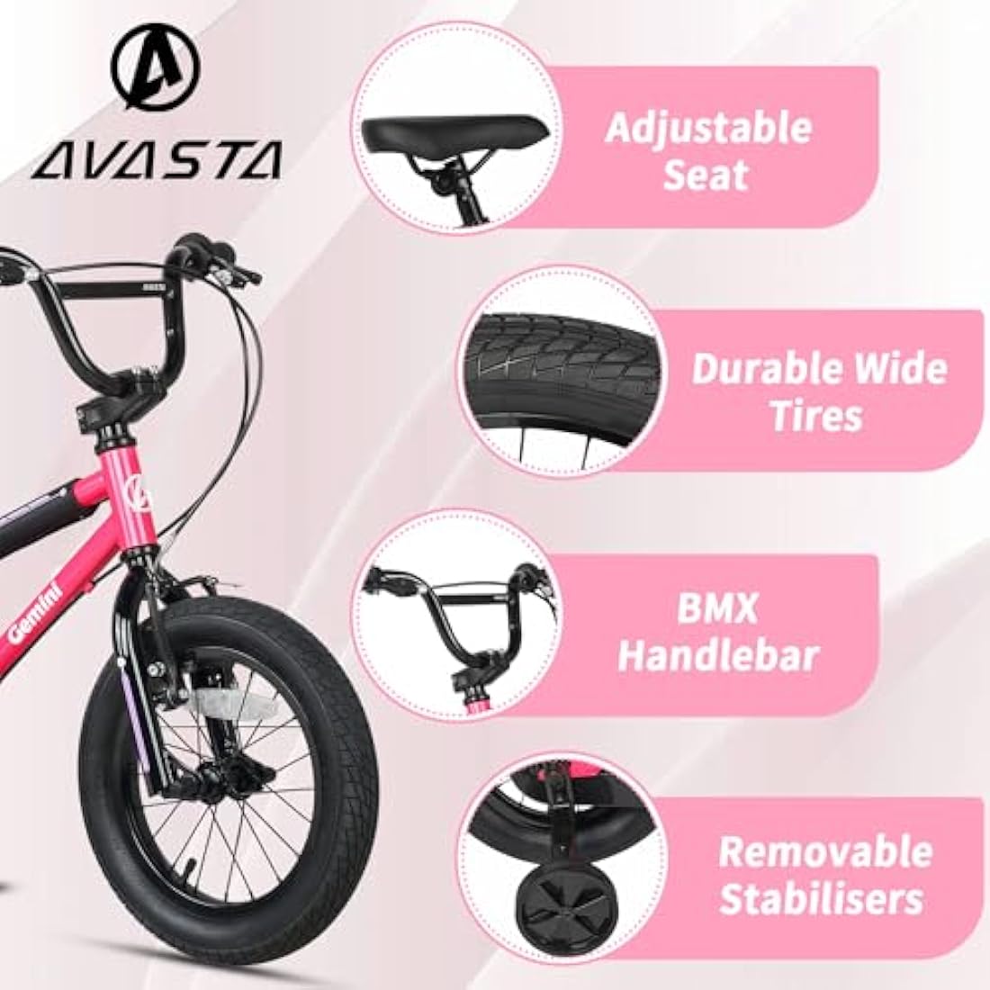 AVASTA 12 Inch Kids Bike BMX Style Bicycle with Stabilisers & Kickstand & Bell for 2-8 Years Old Boys Girls, Multiple Colors
