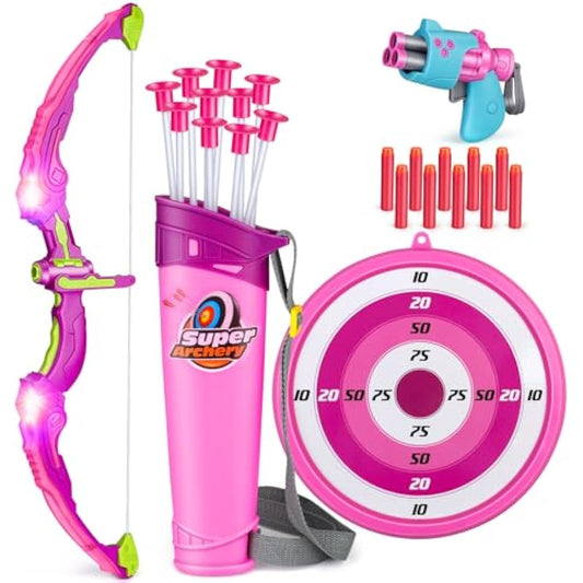 Own1one Kids Bow and Arrow Set for Girls with LED Lights, 2 in 1 Archery Set Includes 1 Bow, 10 Suction Cup Arrows & 1 Quivers, Indoor and Outdoor Toys Gifts for Girls Ages 4 5 6 7 8 Years Old (Pink)