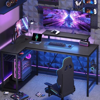 Bestier 132.5CM L-Shaped Workstation with Carbon Fibre Surface, 3 Power Outlets & 2 USB Ports, LED Strip Lights – Reversible Corner Unit with Shelves & Hooks for Home Office & Gaming