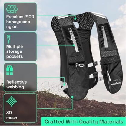 Tribalway Running Vest with Water Bladder – Hydration Vest for Men & Women, Breathable Running Backpack, Reflective Strips, Phone Holder, Water bottle Holder - Black