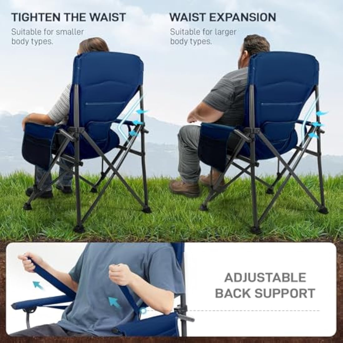 EVER ADVANCED Oversized Folding Camping Chair for Adults with Adjustable Lumbar Support, Heavy Duty Chair with Side Pockets, Portable Collapsible for Outside, Support Up to 230KG,Blue