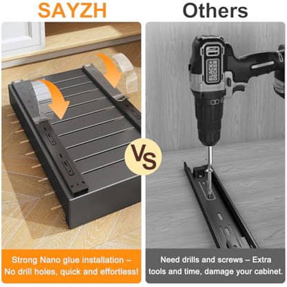 SAYZH Pull Out Cabinet Organiser, Heavy Duty Slide Out Drawer Storage Shelves for Kitchen Cupboard, Extendable Sliding Drawer(43 CM Depth x 25 CM Width x 9CM Height), No Need Drill(Black)