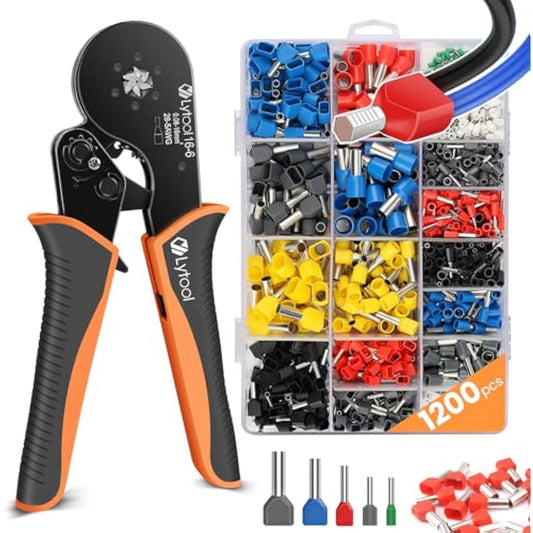 0.08-16mm² Ferrule Crimping Tool, Lytool Hexagonal Bootlace Ferrule Crimping Tool Kit Self-Adjustable Ratchet Crimping Pliers with 1200Pcs Twin Wire Terminal