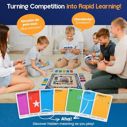 Spanish Board Game – Race to Madrid | Easy to Learn Words, Grammar, Verbs | Fun for Adults, Kids, Beginners, Classroom | 4 Decks Dynamic Flash Cards